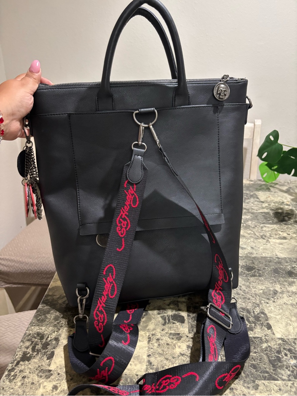 Ed Hardy Silver Metallic Backpack with Black Handles and Red Accents - Picture 4 of 15